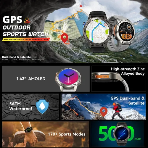 Vista 3 de Reloj inteligente con pantalla AMOLED de 1.43 pulgadas, resistente al agua, brújula, altitud, rastreador de actividad física de larga espera