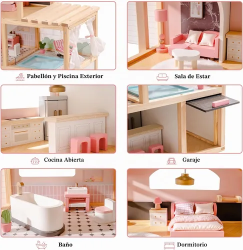 Vista 2 de ROBOTIME Casa de muñecas de madera, casa de muñecas con juego de muebles de 29 piezas, piscina y ascensor, casa de muñecas de madera para muñecas