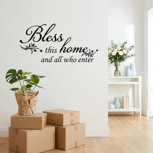 Vista 3 de Decoración de calcomanía de vinilo con texto en inglés “Bless This Home and All who Enter”, para la entrada o la sala de estar Negro