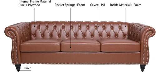 Vista 7 de Sofá Chesterfield de 3 plazas de 85 pulgadas, moderno sofá tapizado de piel sintética con brazo trasero copetudo, patas de madera negra, para Marrón