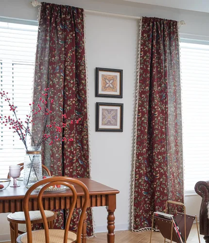Vista 2 de Paneles de cortina de jacquard con borlas, patrón botánico, reducción de luz, aislamiento térmico, bolsillo para barra, cortinas para ventana