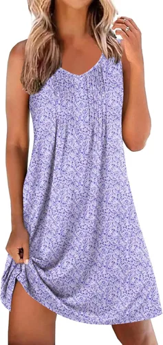 Vista 7 de Ekouaer Camisones para Mujeres Sin Mangas Camisa de Dormir Tipo Tank Camisón Cuello en V Camisola Plisada Camisa de Noche Vestido de Dormir Suave