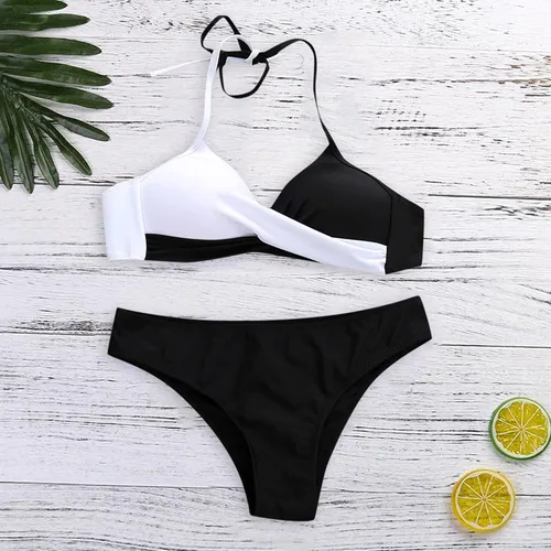 Vista 5 de Traje de baño de dos piezas para mujer, sexy, cuello en V, parte superior acolchada, parte inferior triangular, push up, conjunto de bikini atrevido