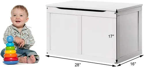 Vista 7 de Costzon Caja de juguetes de madera para niños, baúl y banco de almacenamiento para niños con tapa abatible, bisagras, organizador de almacenamiento
