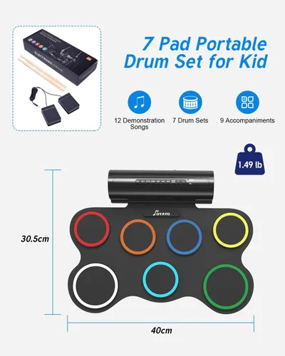 Vista 5 de Juego de batería electrónica de 7 almohadillas, almohadilla de práctica de batería enrollable, kit de batería midi con conector para auriculares