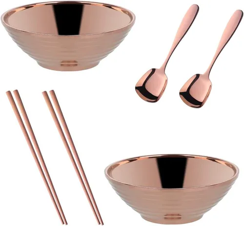 Vista 11 de Juego de tazones de sopa de fideos japoneses para ramen, 2 juegos (8 pulgadas) plateados de doble capa de acero inoxidable 18/8 con palillos