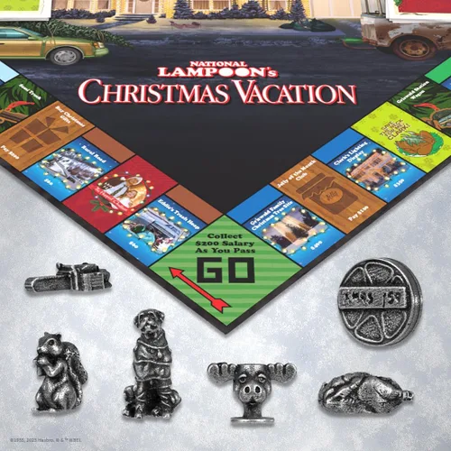 Vista 6 de Monopoly Vacaciones de Navidad de National Lampoons, con fichas temáticas de ardilla, taza de ponche de huevo, motosierra y más, 2-6 jugadores