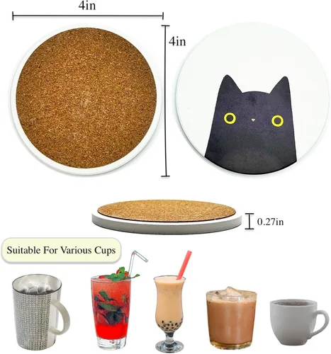 Vista 2 de Juego de 6 posavasos redondos absorbentes de piedra de cerámica lindos para bebidas de gato para tazas y tazas, mesa de café, escritorio de oficina