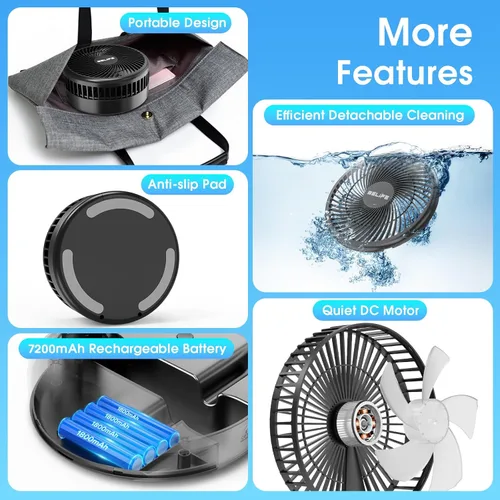 Vista 4 de Belife X8-Lite - Ventilador portátil, recargable con batería de 7200 mAh, ventilador de piso de escritorio USB con control remoto, ventilador Negro