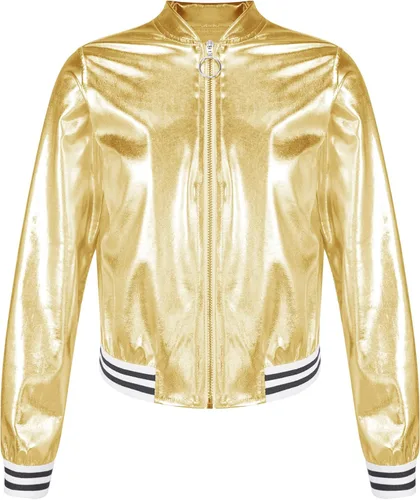 Vista 4 de TiaoBug Disfraz de baile de jazz hip hop para niños y niñas, brillante, metálico, manga larga, chaqueta bomber y pantalones deportivos
