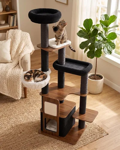 Vista 6 de Árbol de gato resistente de 63 pulgadas para gatos de interior, torre resistente para gatos grandes con poste rascador, percha superior de felpa