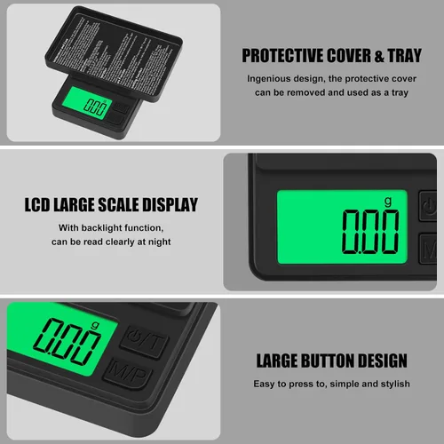 Vista 3 de Báscula de bolsillo digital 1000g x 0.01g, Diyife báscula de gramo portátil de precisión para joyería con cubierta protectora, apagado automático