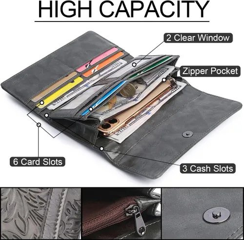 Vista 13 de MEITRUE Cartera de cuero para mujer, con bloqueo RFID, triple pliegue, con relieve, soporte para tarjetas, organizador de chequera para teléfono