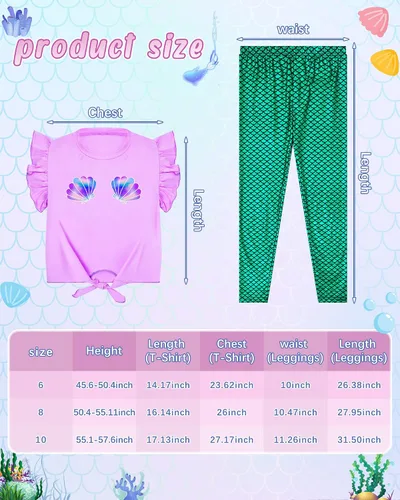 Vista 2 de Suhine 6 piezas de traje de sirena para niñas, camiseta de sirena, pantalones, diadema, pulsera, collar, bolsa para Halloween, fiesta de cosplay