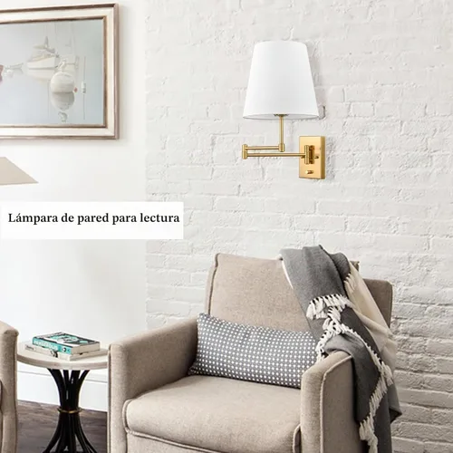 Vista 2 de HYDELITE Lámpara de pared dorada con brazo oscilante, apliques de pared de latón con pantalla de lino, accesorios de pared enchufables o cableados