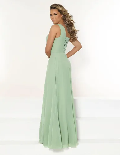 Vista 3 de DFDG Vestido largo de dama de honor de un hombro para mujer con bolsillos plisado de gasa con abertura 12 Rojo 12