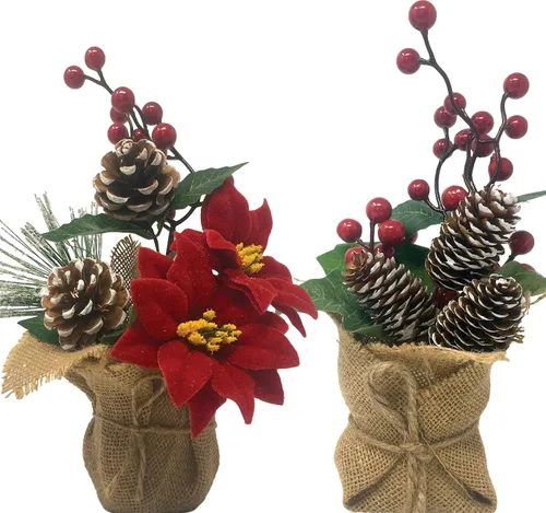 Vista 6 de BANBERRY DESIGNS Juego de 2 centros de mesa navideños para mesas, arreglos de mesa navideños con piñas, bayas rojas y vegetación, plantas rústicas