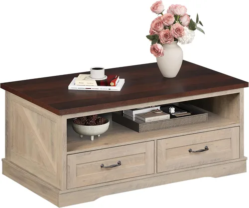 Vista 11 de WLIVE - Mesa de café con estante de almacenamiento, mesa de café granja de 39.4" con soporte en V, mesa de centro rústica de 2 niveles para sala