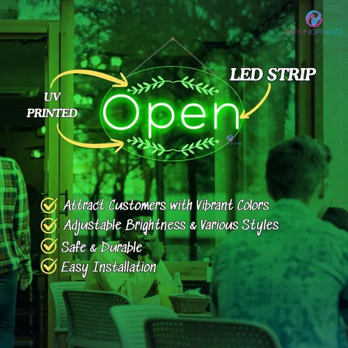 Vista 2 de Letrero LED abierto para negocios – Luz de neón LED con kit colgante y enchufe para tienda, ventana o uso comercial de 16.5 x 10.5 pulgadas