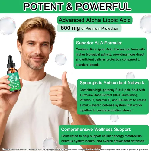 Vista 4 de Gotas líquidas de ácido alfa lipoico, suplemento ALA Ácido alfa lipoico 600 mg para antioxidantes, apoyo del metabolismo nervioso y energético