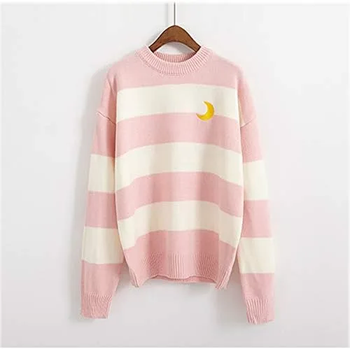 Vista 9 de Suéter Harajuku Moon para mujer, con cuello redondo, a rayas, para invierno, para estudiantes