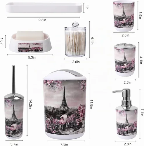 Vista 7 de Juego de accesorios de baño con cortina de ducha y tapete de baño rosado de París