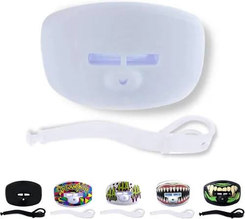 Vista 14 de Damage Control - Protector bucal para deportes, boquilla para chupete, protector bucal de fútbol con correa de casco, protege los dientes