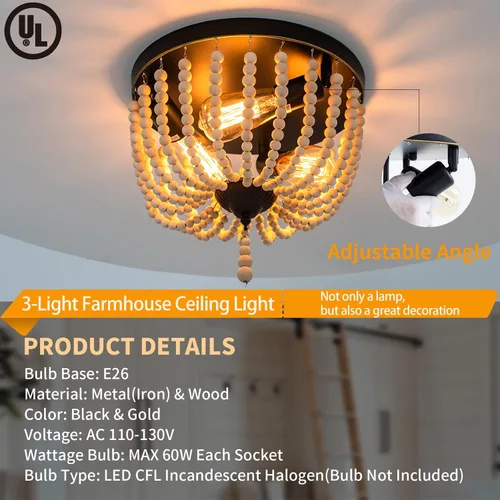 Vista 4 de Lámpara de techo de madera con cuentas de granja, 3 luces, estilo bohemio, con cuentas de madera, accesorios de iluminación vintage para entrada