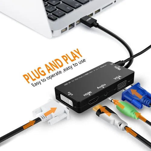 Vista 6 de Adaptador HDMI 4 en 1, convertidor de pantalla HDMI síncrono a VGA DVI HDMI con audio, video de 1080p para laptop, monitor, proyector (negro)