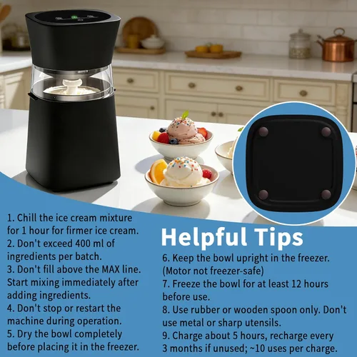Vista 7 de Máquina para hacer helados con tazón precongelado, máquina de helados casera recargable, máquina eléctrica de helado pequeña de 20/30 minutos