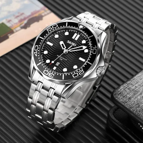 Vista 4 de SKMEI Mens Watches Fashion Big Large Face Stainless Steel Waterproof Luminous Analog Quartz Watch Day Date Luxury Business Blue Wristwatches for Men