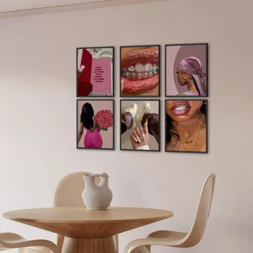 Vista 3 de Conjunto de pósteres de mujer negra de 6, arte de pared de mujeres afroamericanas de moda, pinturas decorativas abstractas para recámara y sala