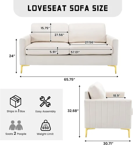 Vista 2 de Sofá de 65 pulgadas blanco para espacios pequeños, moderno y cómodo tapizado de 2 plazas de terciopelo copetudo para sala de estar, dormitorio