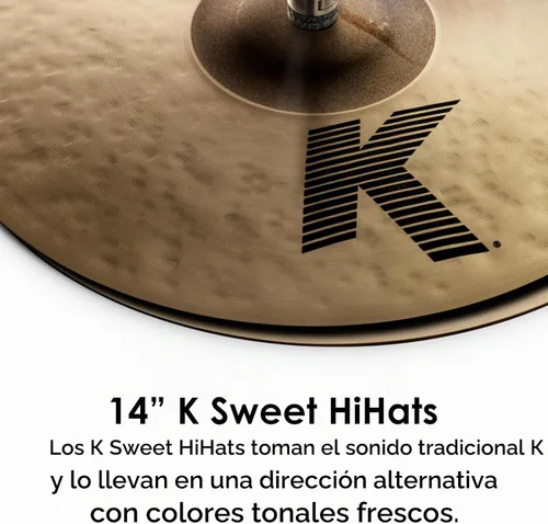 Vista 3 de Zildjian K0720 14" K Sweet Hi-Hat Platillos Warm dark tone, crisp stick response, matched top and bottom, great for studio and stage drummers, 14
