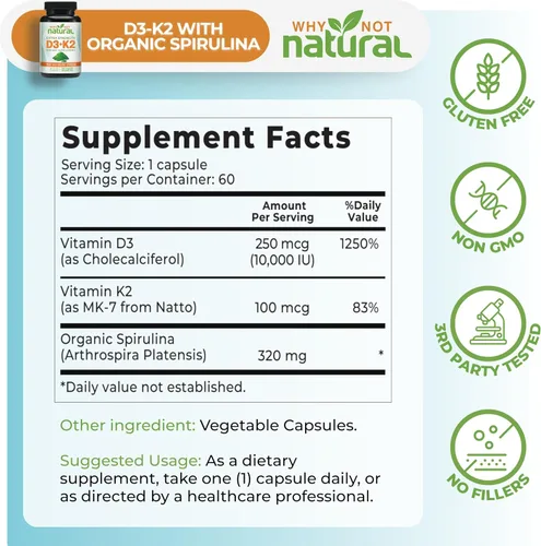 Vista 4 de Why Not Natural Vitamina D3 K2 (MK-7) con espirulina orgánica, suplemento extra fuerte de 10000 UI en cápsulas vegetales, apoya la salud ósea