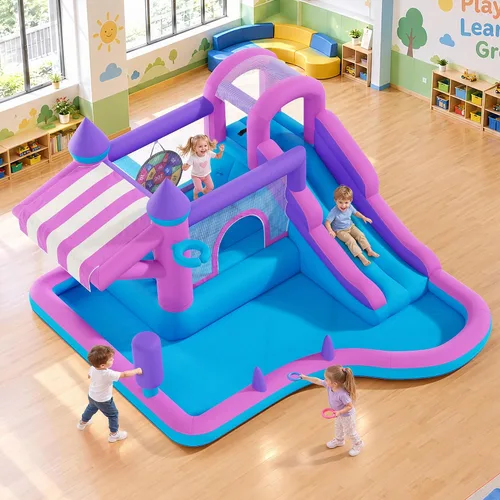 Vista 12 de Albott Inflatable Bounce House Obstacle Course with Blower, for Kids 3-10 Azul océano y verde