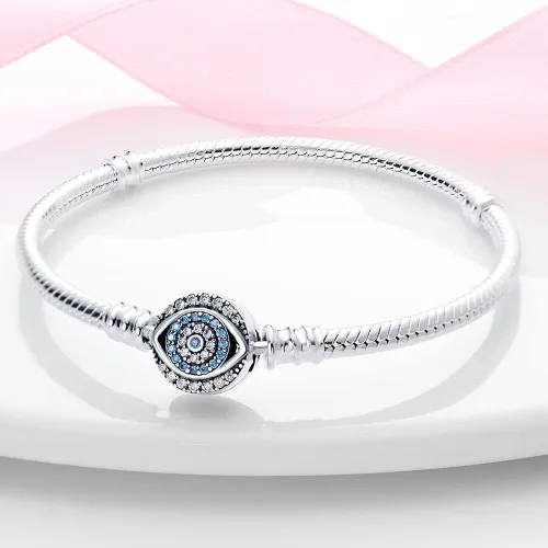 Vista 2 de KUNSIR Pulsera de plata de ley 925 con cadena de serpiente de ojo malvado azul con circonita cúbica 5A para mujeres y adolescentes