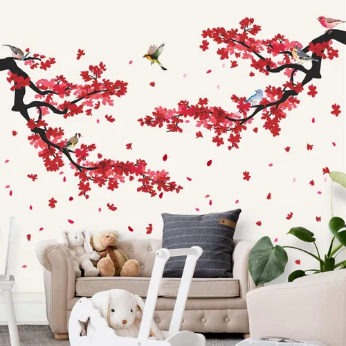 Vista 5 de Calcomanías románticas de pared de flores rojas 3D, ramas de árbol florales de ciruela, calcomanías de pared para bricolaje, flores de cerezo