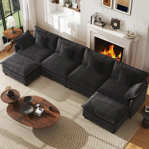 Vista 25 de Sofá de nube en forma de L de 77 pulgadas, sofá modular con otomana, cómodo sofá biplaza de felpilla con almohada para sala de estar, dormitorio