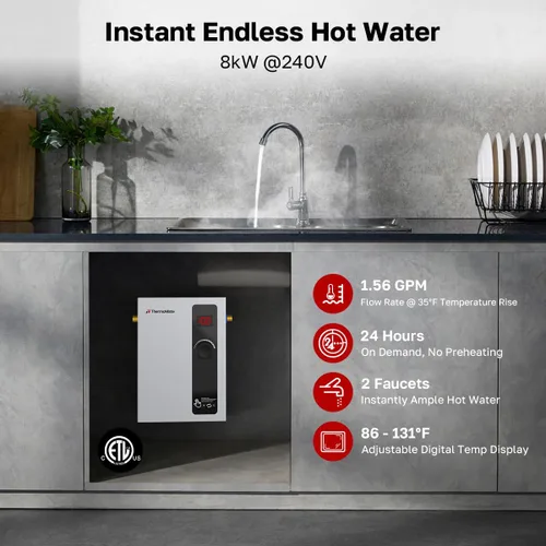 Vista 2 de Calentador de agua eléctrico sin tanque, ThermoMate de 8 kW a 240 voltios, calentador de agua caliente instantáneo bajo demanda para punto de uso