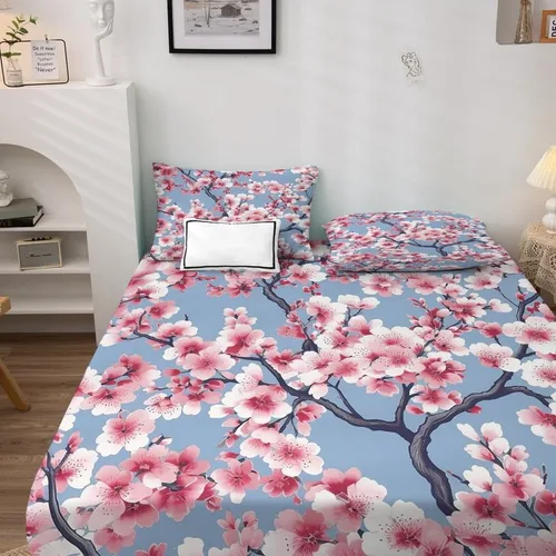 Vista 3 de Juego de sábanas de tamaño individual con estampado de flor de cerezo, sábanas japonesas de microfibra suave, bolsillo profundo, sábanas y fundas
