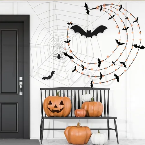 Vista 8 de Fudios Guirnalda de Halloween iluminada para decoración de pared, guirnalda de luces negras con temporizador, naranja o blanco cálido, 80 LED de 6