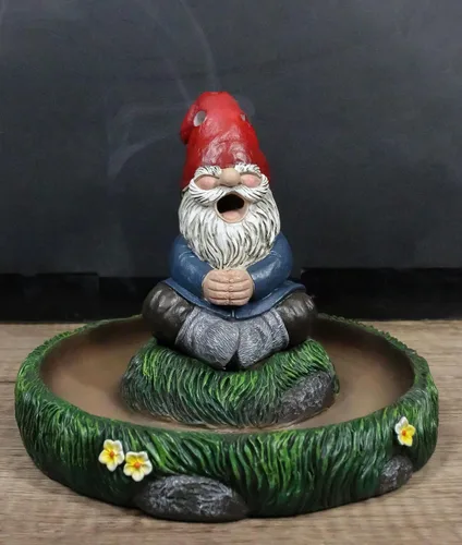 Vista 2 de Ebros Gift Gnaughty Pot Gnomo de alto fumar amigo de jardín girasoles hierba verde meditación Zen cono y palo quemador de incienso soporte figura