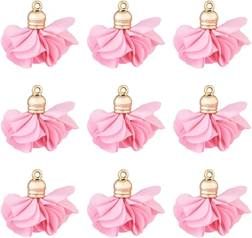 Vista 13 de Cheriswelry 50 colgantes de tela de tela de flores de tela negra con pétalos florales con tapa dorada en forma de campana para manualidades, aretes