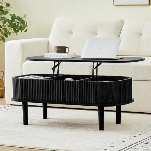 Vista 10 de Mesa de centro con parte superior acanalada totalmente montada con compartimento oculto, mesa central de madera, moderna mesa de elevación ovalada