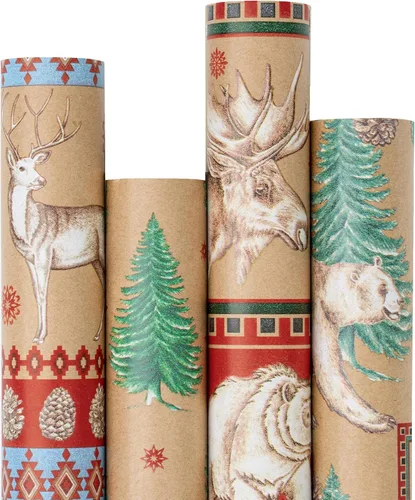 Vista 15 de RUSPEPA Papel de regalo de Navidad, papel kraft – reno, rayas y copos de nieve en diseño azul – 4 rollos – 30 pulgadas x 10 pies por rollo