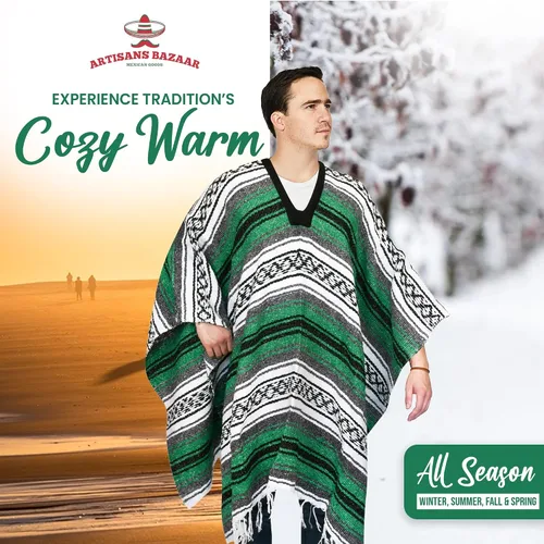 Vista 3 de Poncho mexicano Baja 100% cálido y cómodo abrigo de invierno Sarapes Mexicanos