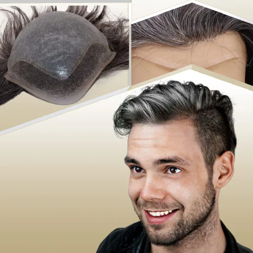 Vista 22 de Peluca de cabello humano europeo de repuesto para hombre, encaje suizo frontal, 0.003 in, piel fina, poliuretano, con bucle, 10 x 8 pulgadas