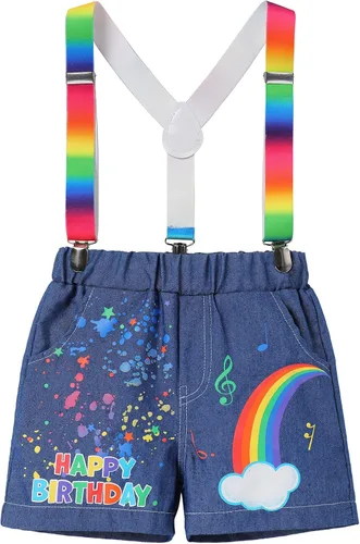 Vista 4 de IMEKIS Toddler Boys Melon Birthday Outfit Romper Top + Jeans Shorts + Suspenders Cake Smash Photo Shoot Summer Clothes 1-5T