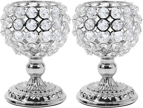 Vista 11 de Juego de 2 candelabros de cristal plateado para mesa de comedor, centro de mesa, decoración de mesa para comedor, sala de estar, café, mesa de Plata